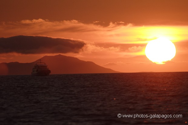 Couché de soleil avec un bareau de croisière et  l'île de Pinzon en arrère plan - Galapagos