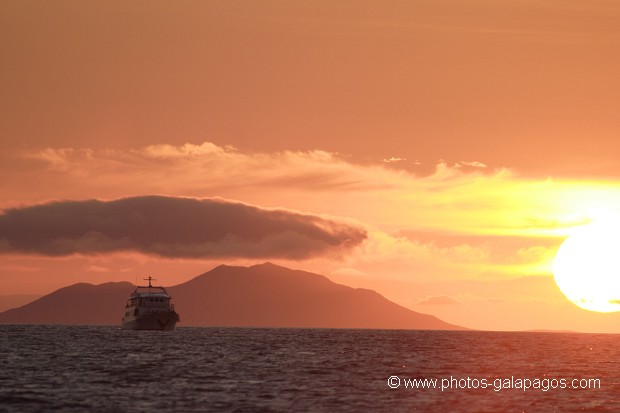 Couché de soleil avec un bareau de croisière et  l'île de Pinzon en arrère plan - Galapagos