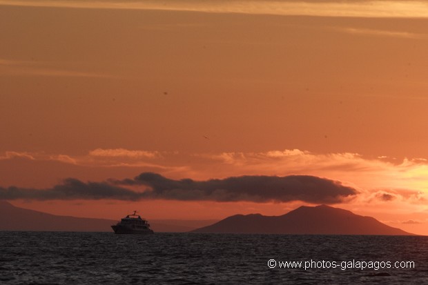 Couché de soleil avec un bareau de croisière et  l'île de Pinzon en arrère plan - Galapagos
